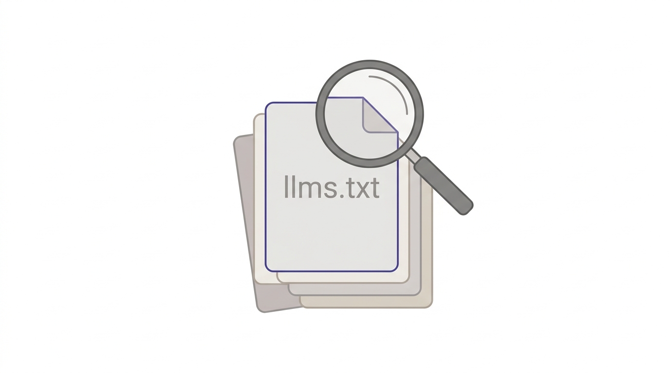 Lupa sobre archivo llms.txt con capas de análisis competitivo en paleta minimalista de beige y gris.