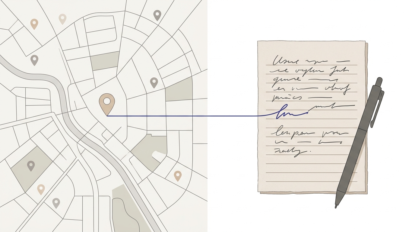 Mapa digital con pines de ubicación que transiciona hacia un bloc de notas manuscrito, representando el equilibrio entre