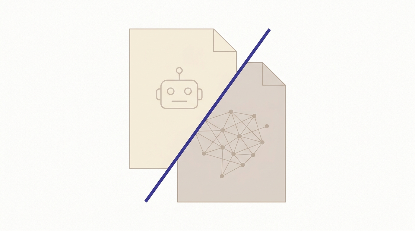 Dos documentos superpuestos representan robots.txt y llms.txt con líneas limpias y paleta neutral con acento índigo.