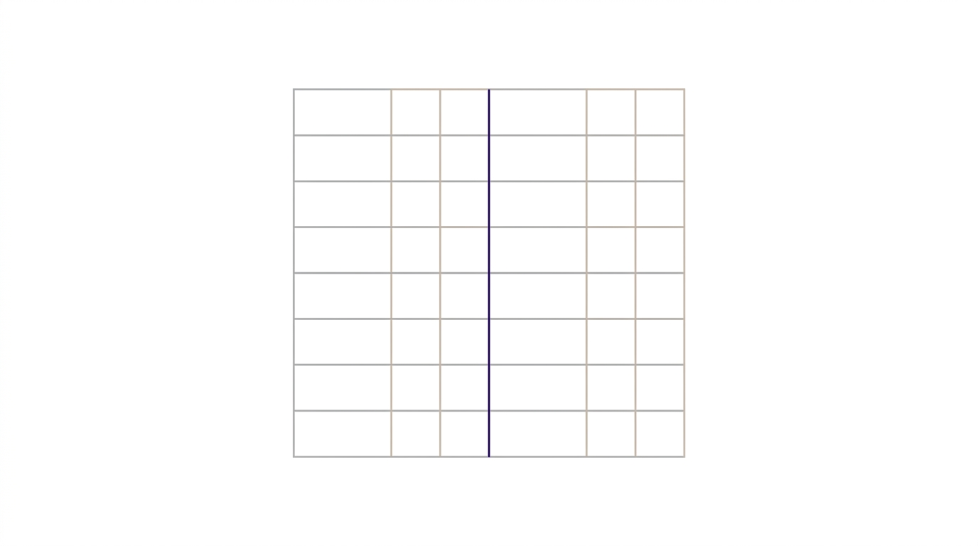 Estructura de tabla comparativa con dos columnas divididas por línea índigo en diseño minimalista.