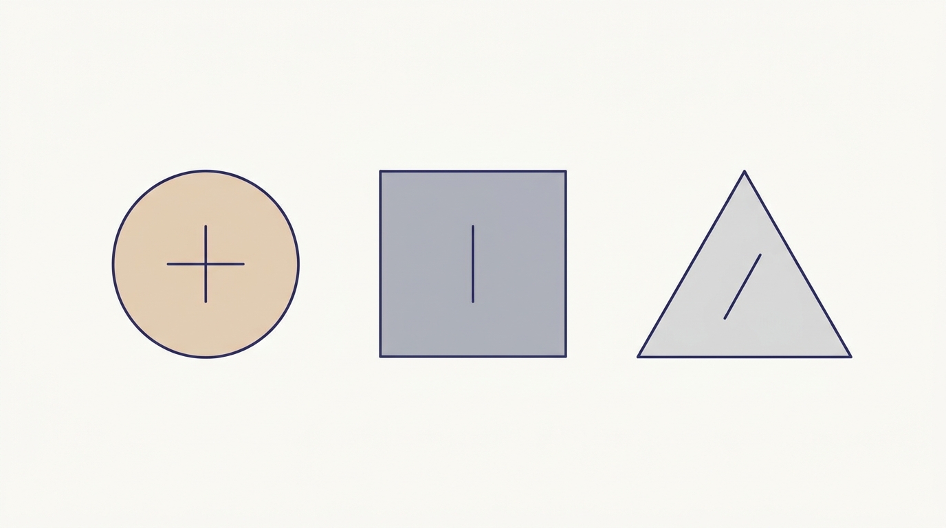 Tres formas geométricas simples con detalles en índigo sobre fondo neutro, representando herramientas especializadas de