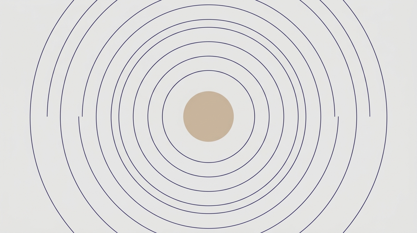 Ondas de radar expandiéndose desde un centro en color índigo sobre fondo beige y gris, simbolizando detección de menciones